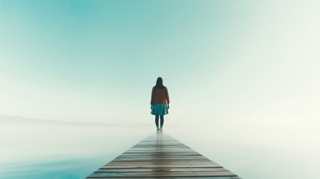 A woman is walking on a bridge over a body of water