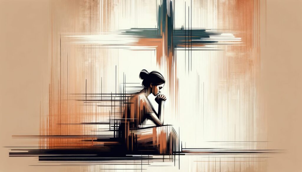 Illustration of a woman praying in front of a cross